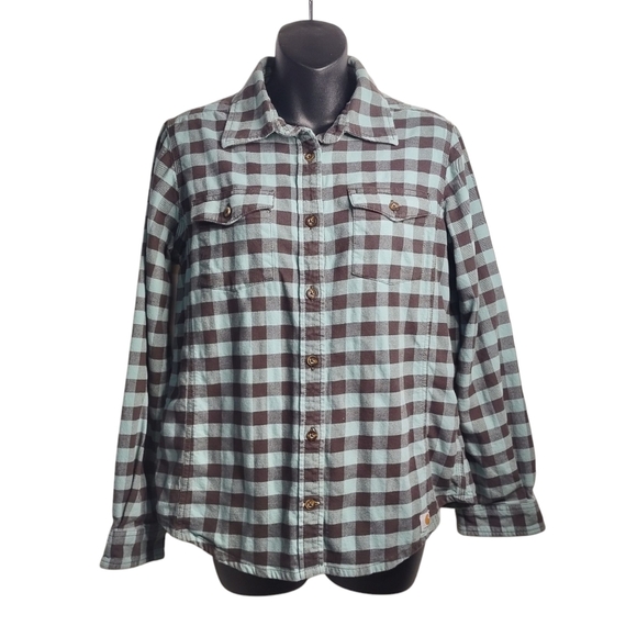 Carhartt Womens Green Black Long Sleeve Button Up Plaid Shirt Size M 8/10 - Picture 2 of 10